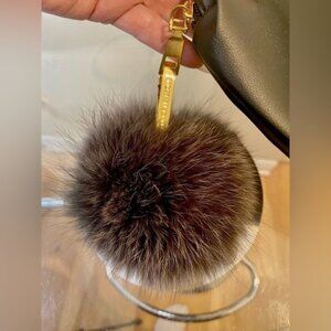 Annick Levesque Mix Grey Rabbit Fur Bag Charm Pompom W Shiny Gold Plating